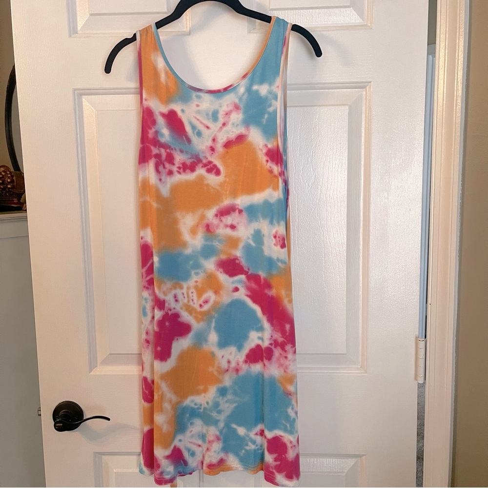 Casual Swing V-neck T-Shirt Tank Dress Colorful Tie-Dye Orange Pink Blue Sz S - Picture 4 of 9